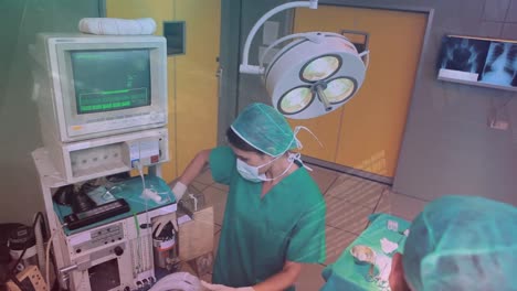 Animation-of-data-processing-over-caucasian-female-surgeon-during-surgery