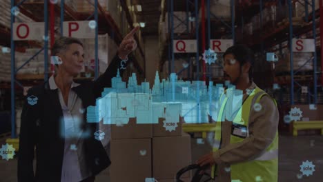 Animation-of-diverse-female-and-male-warehouse-worker-over-metaverse-city