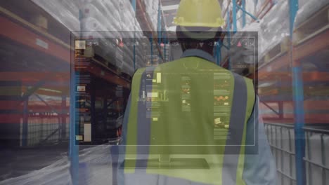 Animation-of-data-on-digital-screen-over-back-view-of-male-warehouse-worker
