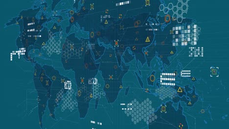 Animation-of-data-and-icons-over-world-map-on-green-background