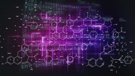 Animation-of-chemical-formulas-and-data-over-pink,-violet-and-black-background