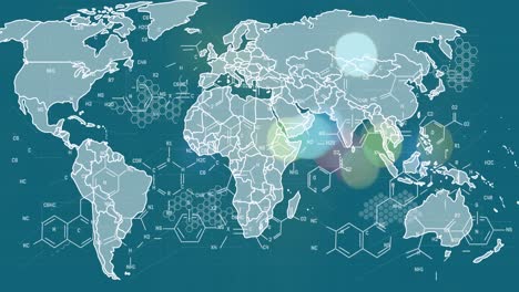 Animation-of-graphs-and-chemical-formulas-over-world-map-and-green-background