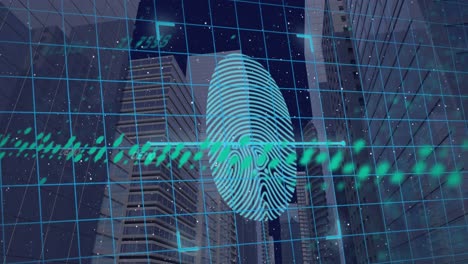 Animation-of-graphs,-fingerprint-and-digital-padlocks-over-skyscrapers