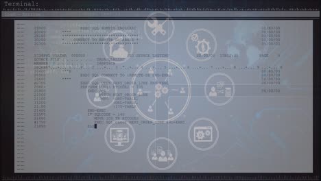 Animation-of-tech-icons-and-data-processing-on-computer-screen