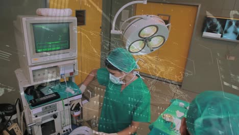 Animation-of-data-processing-over-caucasian-female-surgeon-during-surgery