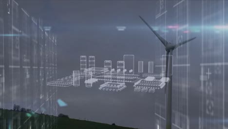 Animation-Der-Datenverarbeitung-Und-Metaverse-Stadt-über-Windkraftanlagen
