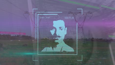 Animation-of-data-processing-and-user-photos-over-electricity-poles