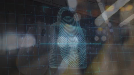 Animation-of-fingerprint-scan-with-padlock-icons-and-data-processing-over-bokeh-lights-at-night