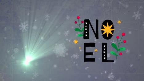 Animation-Von-Noel,-Schneeflocke-Und-Lichtern-Auf-Grauem-Hintergrund