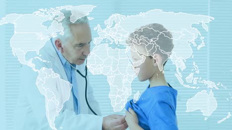 World-map-against-caucasian-senior-male-doctor-examining-caucasian-boy-at-hospital