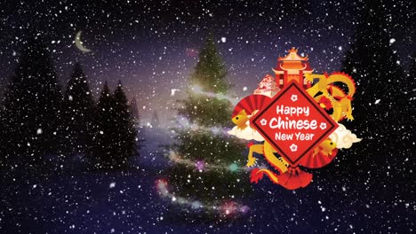 Animation-of-happy-chinese-new-year-over-snow-falling-over-christmas-tree-in-night-forest