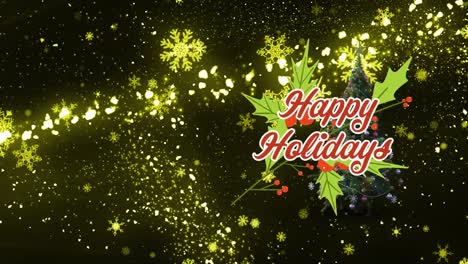 Animation-of-happy-holidays-text-over-light-spots-and-christmas-tree-on-black-background