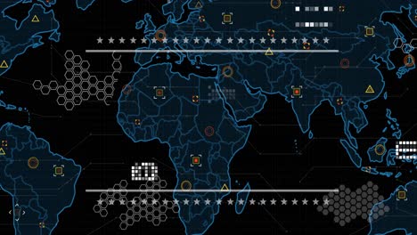Animation-of-world-map-and-icons-on-black-background