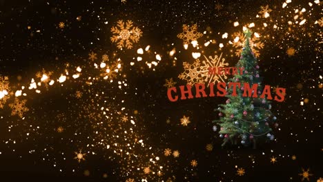 Animación-De-Feliz-Navidad,-Estrellas-Y-Abeto-Sobre-Fondo-Negro