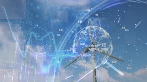 Animation-of-financial-data-processing-with-globe-over-wind-turbine-and-sky-with-clouds