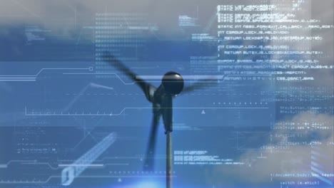 Animation-Der-Finanzdatenverarbeitung-über-Windkraftanlage-Und-Himmel