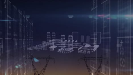 Animation-Der-Datenverarbeitung-Und-Metaverse-Stadt-über-Strommasten