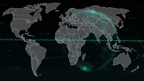 Animation-of-world-map,-graphs-and-globe-on-black-background