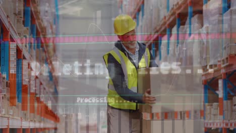 Statistical-data-processing-over-caucasian-senior-worker-holding-his-back-in-pain-at-warehouse