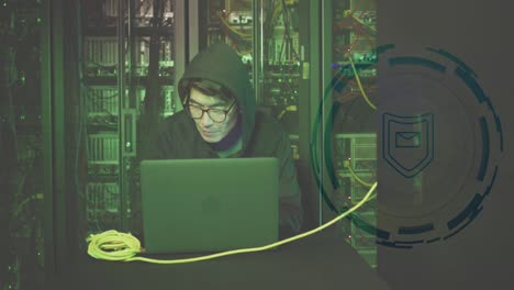 Animation-of-data-processing-over-asian-male-hacker-in-server-room