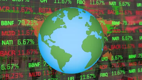 Animation-of-globe-over-stock-market-and-data-processing-with-empty-office