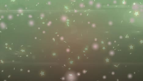 Animation-of-pink-light-spots-and-star-icons-falling-with-copy-space-against-green-background