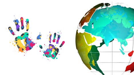 Animation-of-handprints-and-globe-on-white-background