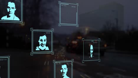 Animation-of-multiple-profile-icons-with-data-processing-over-city-traffic-at-night