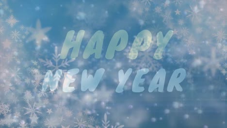 Animation-of-snowflakes-falling-over-happy-new-year-text-against-spots-of-light-on-blue-background