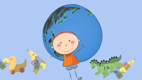 Animation-of-schoolboy-icon-and-globe-on-blue-background