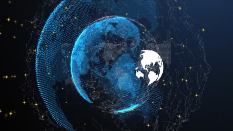 Animation-Von-Globus,-Verbindungen-Und-Punkten-Auf-Marineblauem-Hintergrund