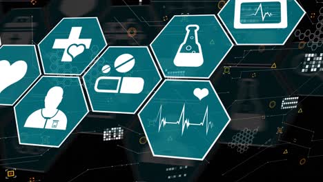 Animation-of-medical-icons-over-data-processing-on-black-background