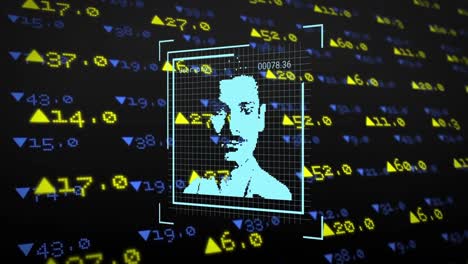 Animation-of-data-processing-with-people-portraits-over-stock-market-on-black-background