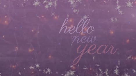 Animation-of-snowflakes-over-hello-new-year-text-banner-against-spots-of-light-on-blue-background