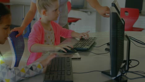 Animation-of-data-processing-over-diverse-schoolchildren-and-teacher-using-computers