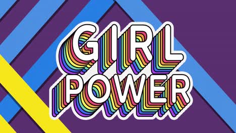 Digital-animation-of-rainbow-girl-power-text-over-blue-and-yellow-stripes-on-purple-background