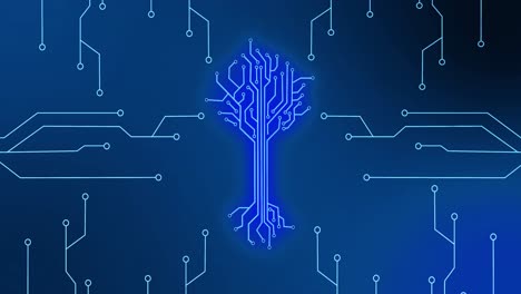 Animation-of-integrated-circuit-and-digital-tree-on-blue-background