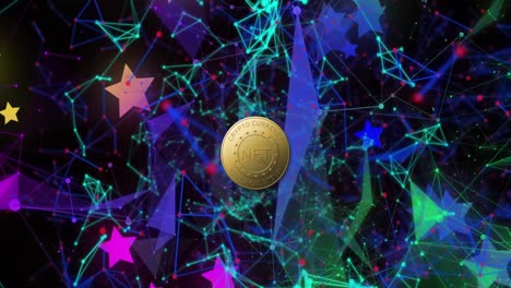 Animation-of-nft-text-on-golden-coin-and-network-of-connections-and-stars-over-dark-background