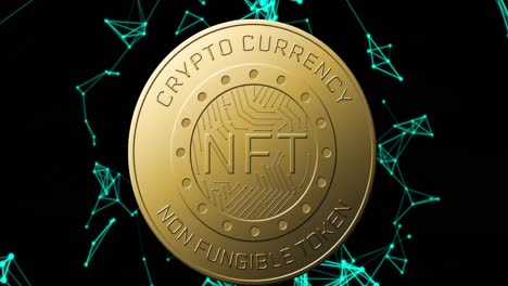 Animation-of-nft-text-on-golden-coin-and-network-of-connections-over-dark-background