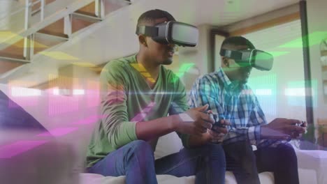 Animation-of-digital-tunnel-over-african-american-friends-using-vr-headsets