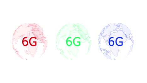 Animation-of-rotating-globes-and-5g-in-blue-red-and-green-globes-on-white-background