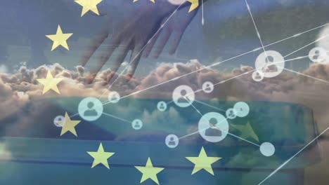 Animation-of-european-union-stars-over-connections,-clouds-and-hands-of-woman-recycling-plastic