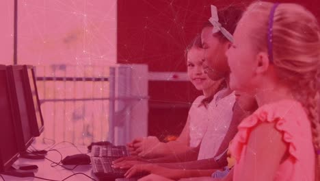 Network-of-connections-over-four-diverse-girls-laughing-while-using-computer-at-school
