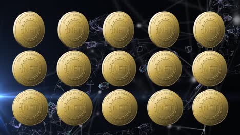 Animation-of-nft-text-on-golden-coins-and-network-of-connections-over-dark-background