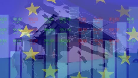 Animation-Von-Sternen-Der-Europäischen-Union-über-Grafiken,-Daten-Und-Haus