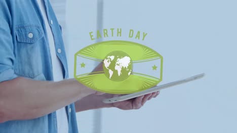 Animation-of-globe-and-earth-day-over-hands-of-caucasian-man-using-tablet