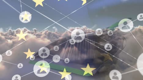Animación-De-Estrellas-De-La-Unión-Europea-Sobre-Conexiones,-Nubes-Y-Artículos-De-Limpieza.