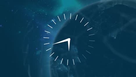 Animation-of-clock-and-network-of-connections-over-blue-background