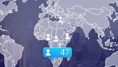 Animation-of-social-media-icons-with-growing-number-and-world-map-over-cityscape