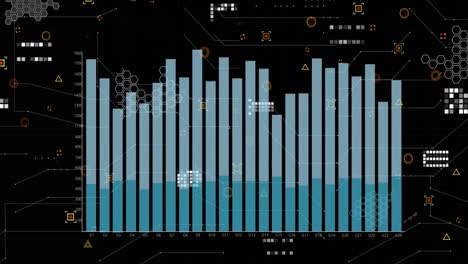 Animation-of-graphs,-data-and-icons-on-black-background